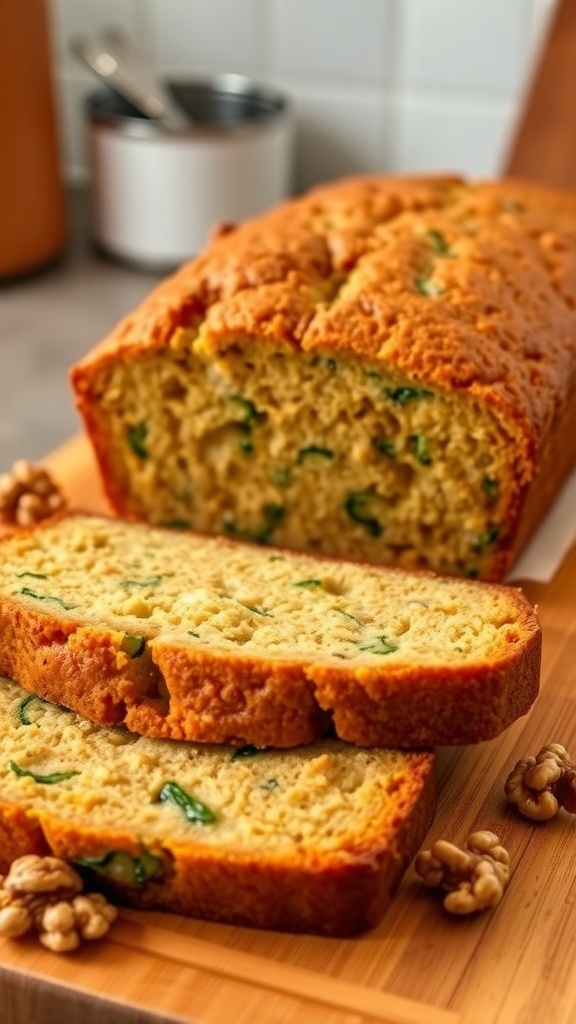 Healthy Zucchini Bread Recipe for Bread Machine Sliced healthy zucchini bread with green zucchini flecks, served on a wooden board with walnuts.